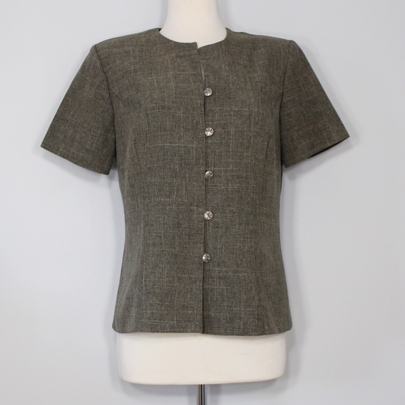 Vintage Sag Harbour Olive and Gray Button Down Short Sleeve Top - Picture 1 of 3